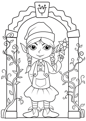 Elf Girl At The Door Coloring Page